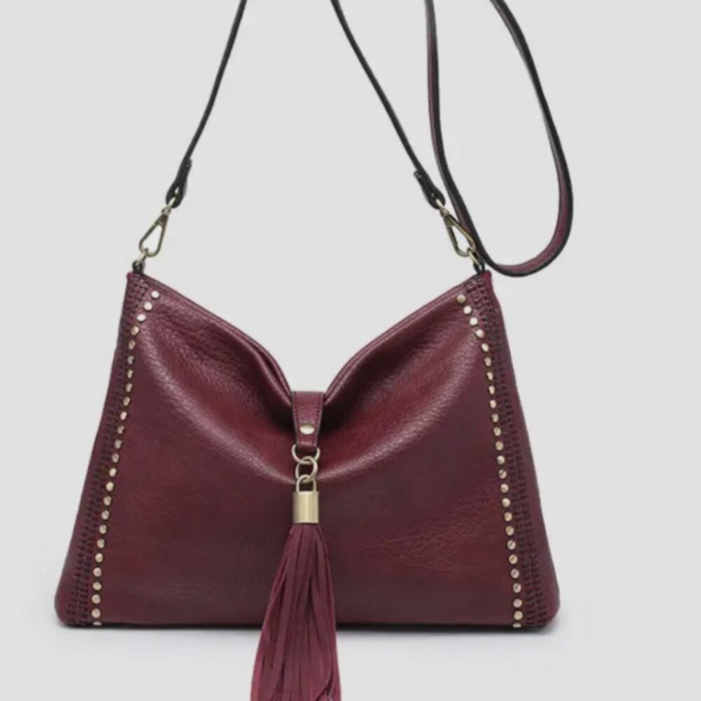 The Harper Studded Tassel Crossbody Bag- Wine